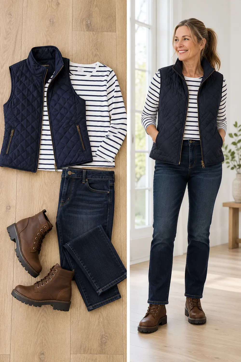 Navy quilted vest over a striped tee and jeans, a winter wardrobe essential for women over 50