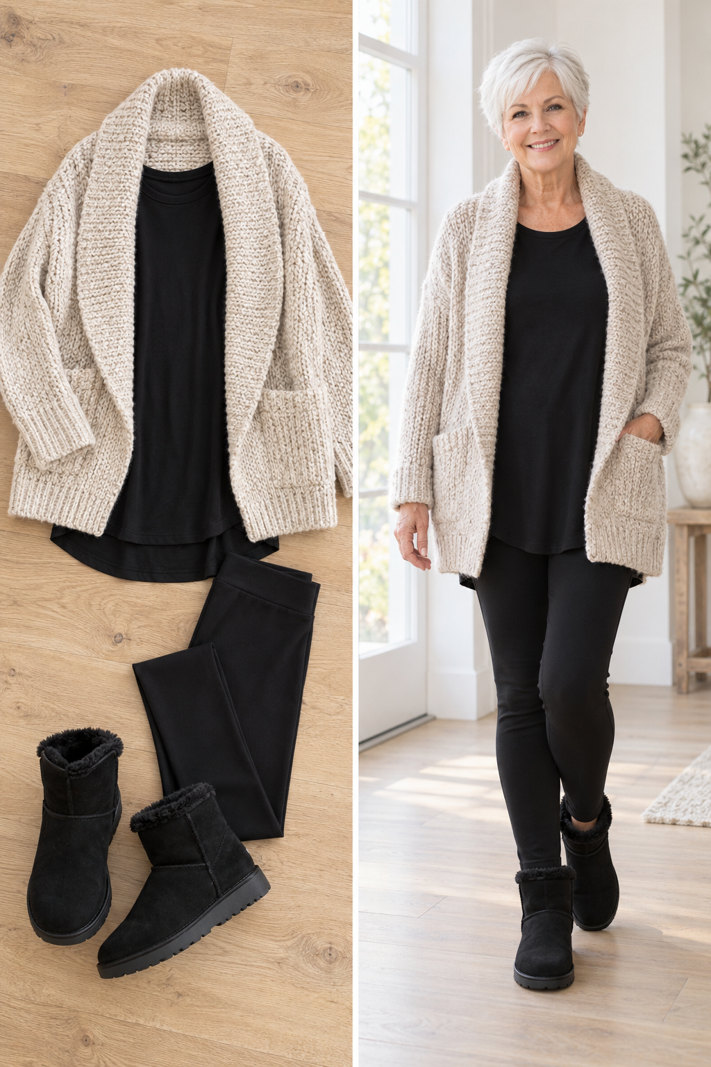 Chunky oatmeal wool cardigan with a black tunic and leggings, a cozy wool outfit for women over 50
