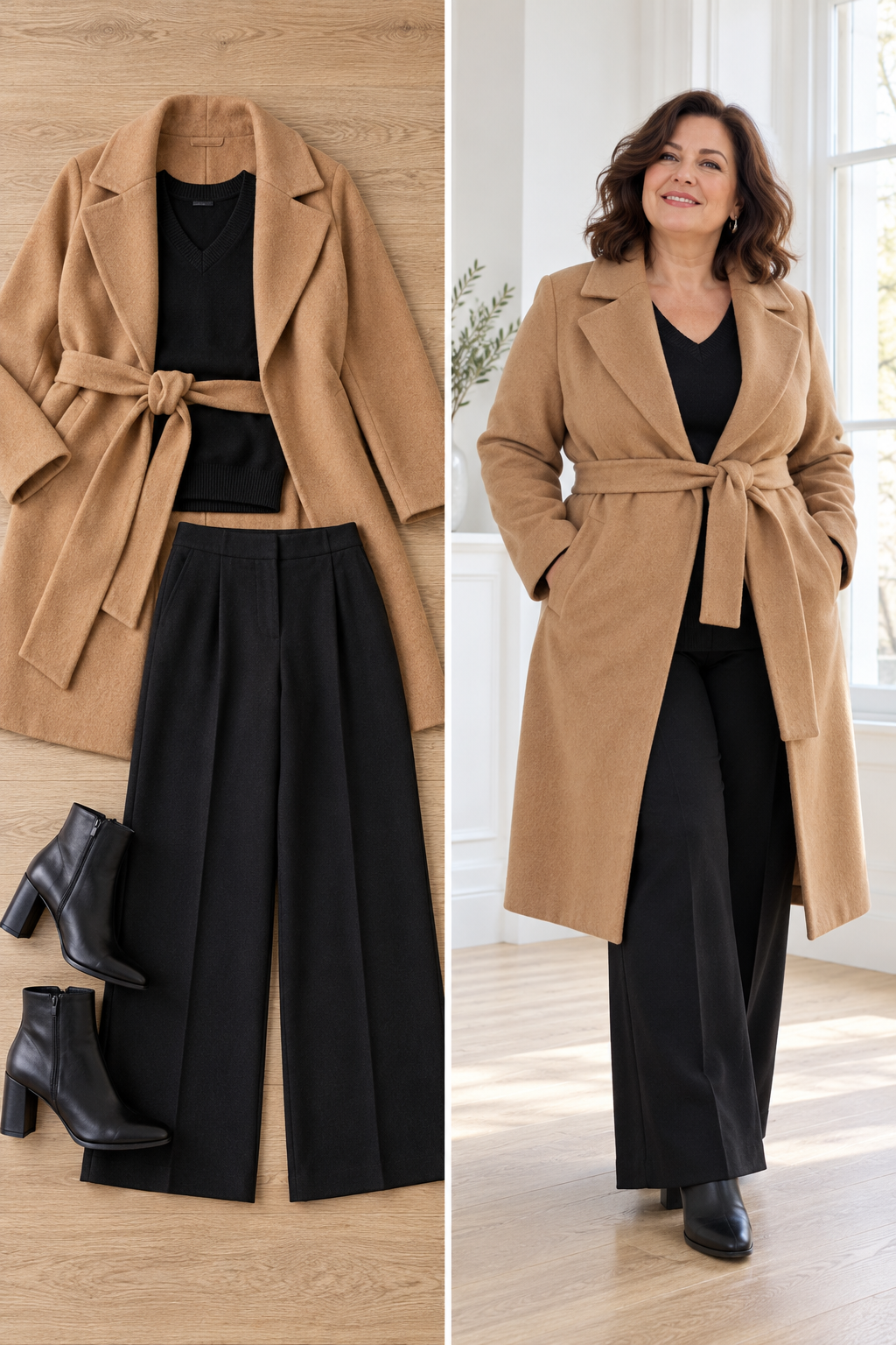 Plus-size woman over 50 in a camel wool wrap coat over a black sweater and wide-leg trousers