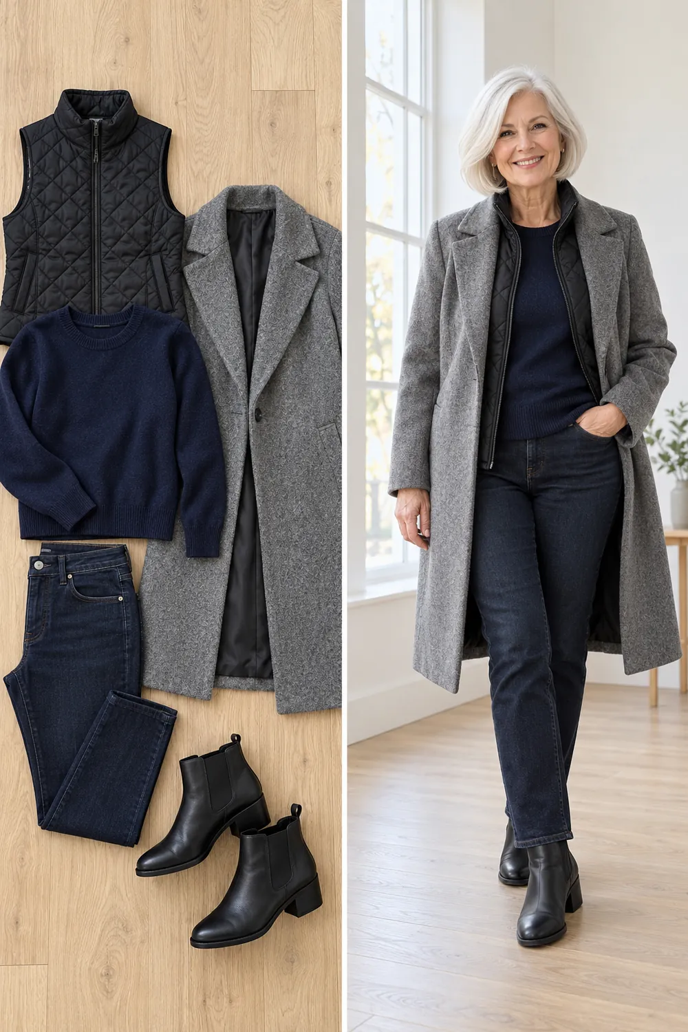 Quilted vest layered over a sweater and under a coat, a warm layering tip for women over 50