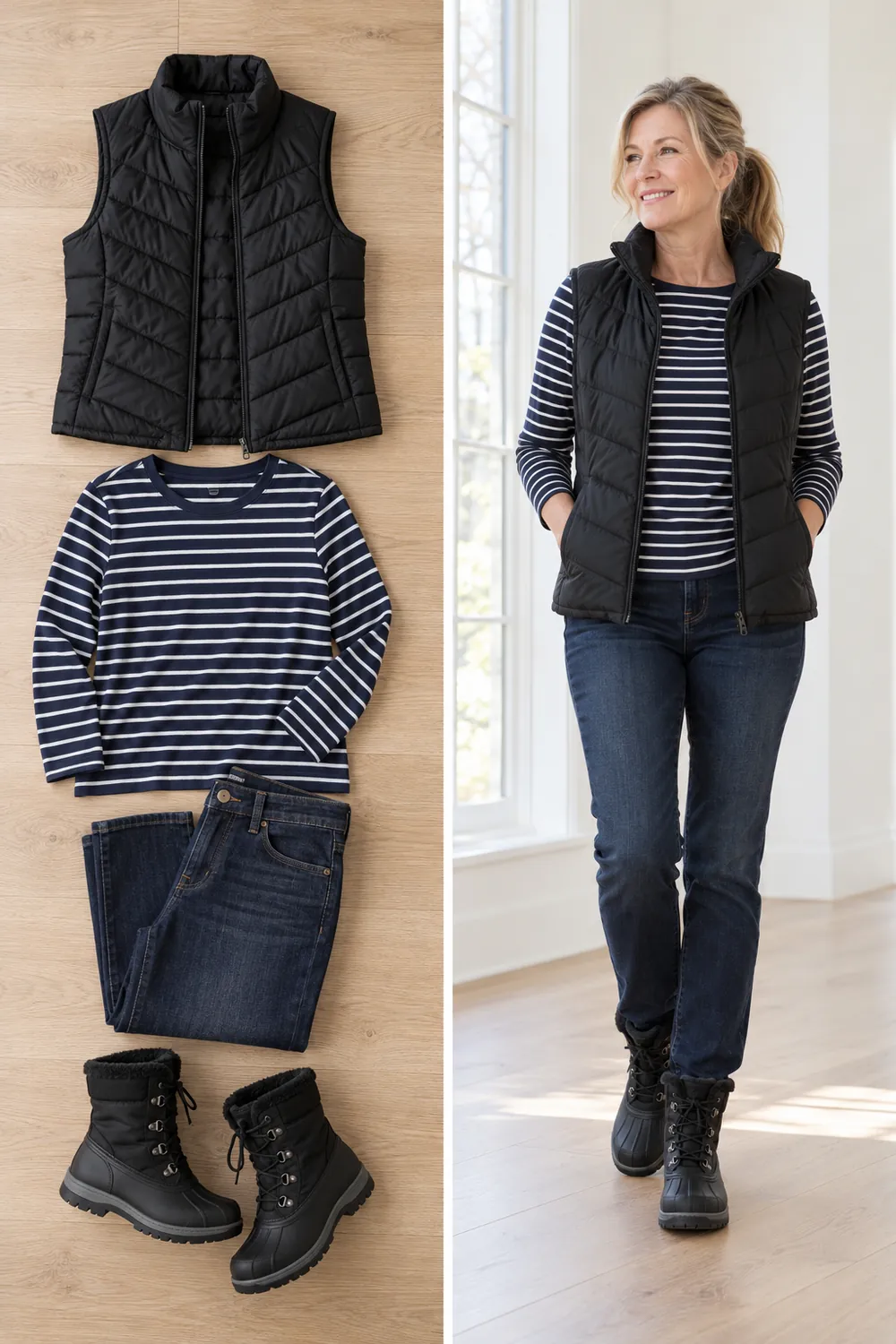 Quilted vest over a striped long-sleeve tee with jeans and snow boots, a winter capsule outfit for women over 50