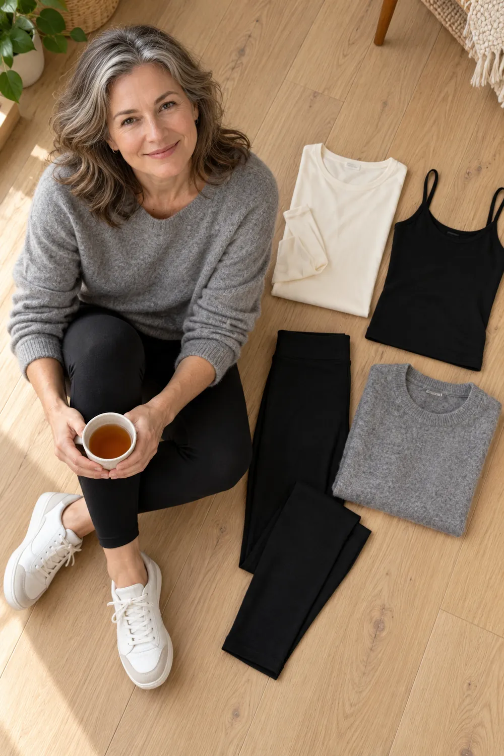 Woman seated beside folded thermal tops, leggings and a sweater