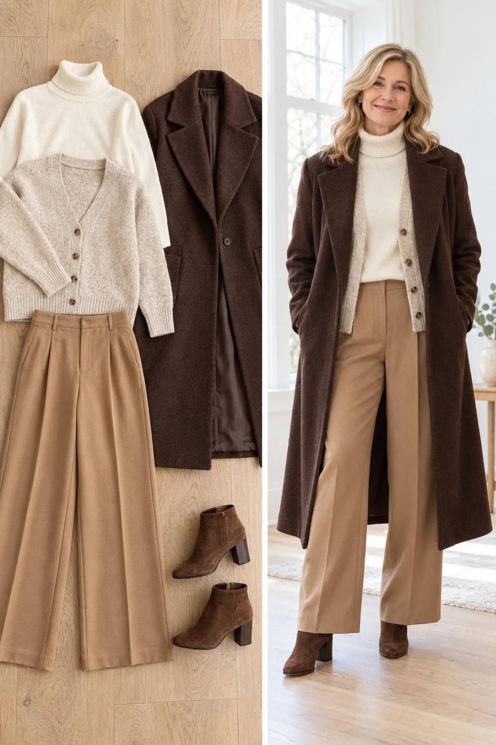 Tonal layers of cream, camel and brown with a turtleneck, cardigan and coat, a winter layering formula for women over 50