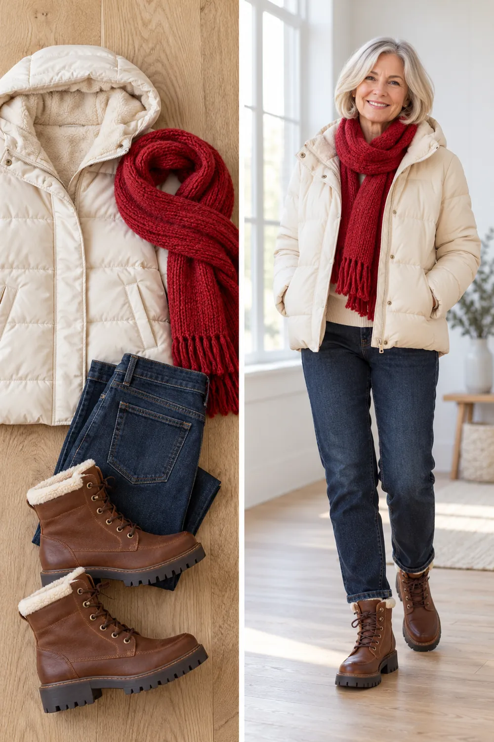 Waterproof winter boots with a lug sole worn with jeans and a puffer, a winter essential for women over 50