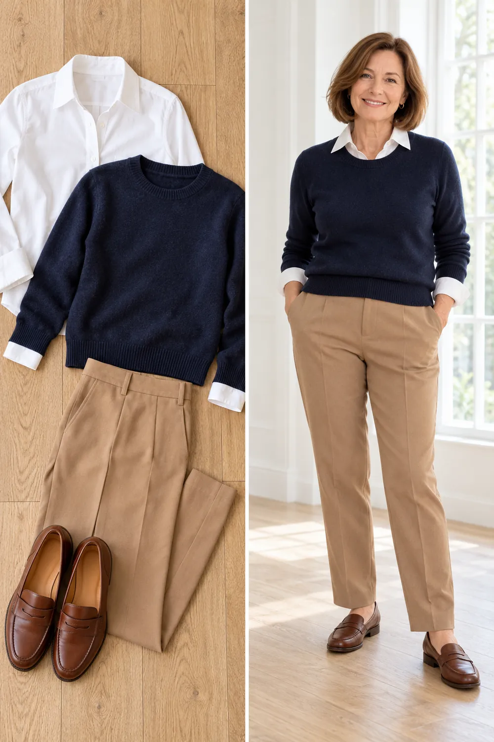 White shirt layered under a navy sweater, a winter wardrobe essential for women over 50