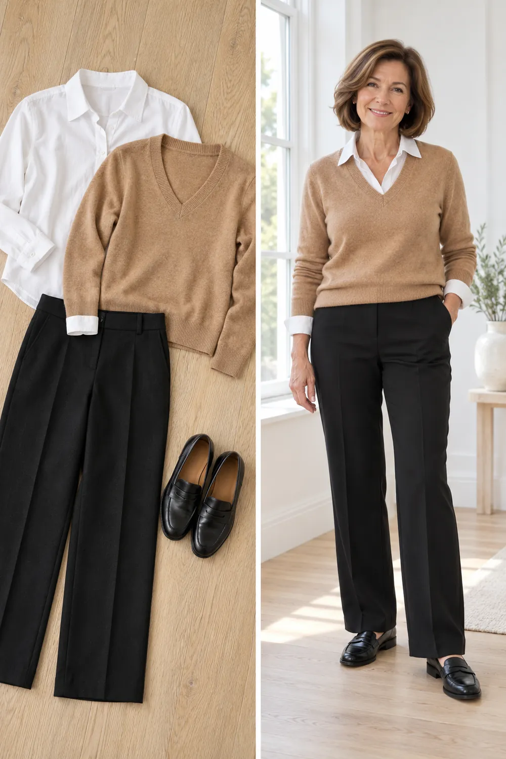 White shirt under a camel V-neck sweater with black trousers, a winter capsule outfit for women over 50