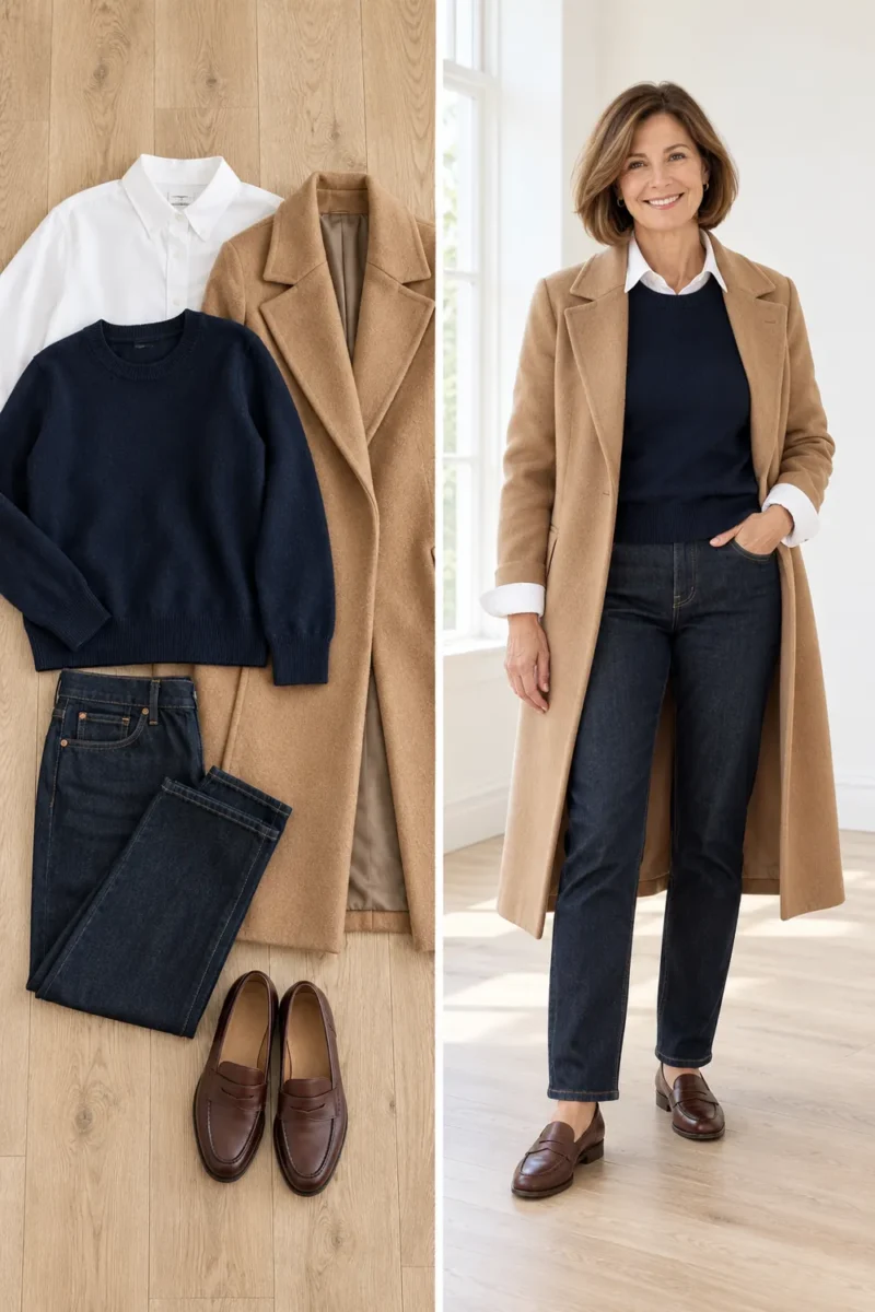 White shirt under a navy sweater with a camel coat, a winter layering formula for women over 50
