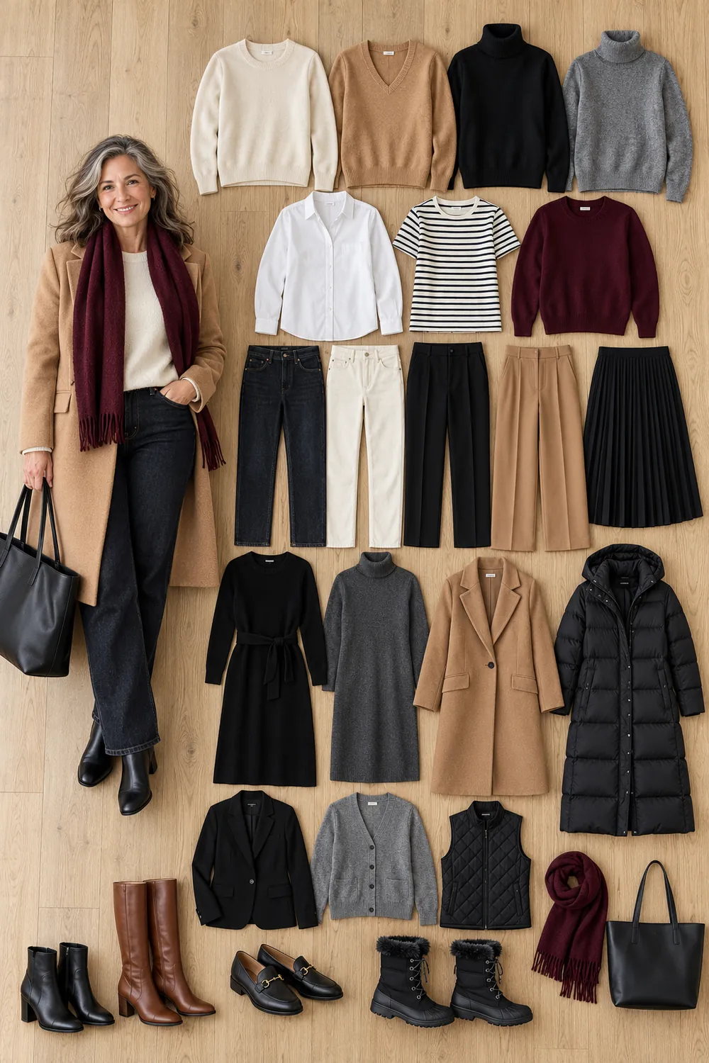 Woman in a winter outfit beside a coordinated capsule wardrobe flat lay