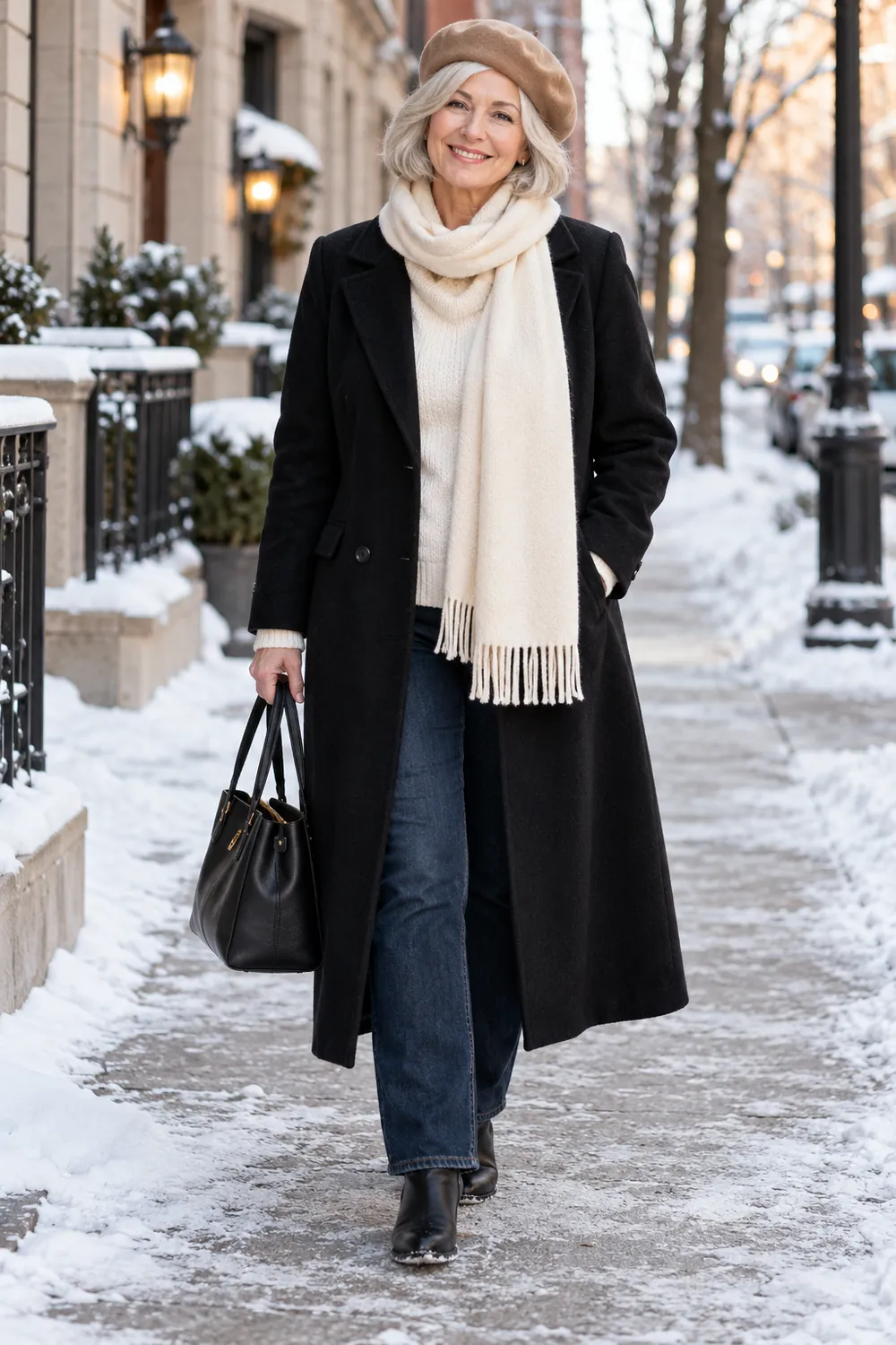 Woman over 50 in a camel wool beret and long coat, a warm and stylish winter hat