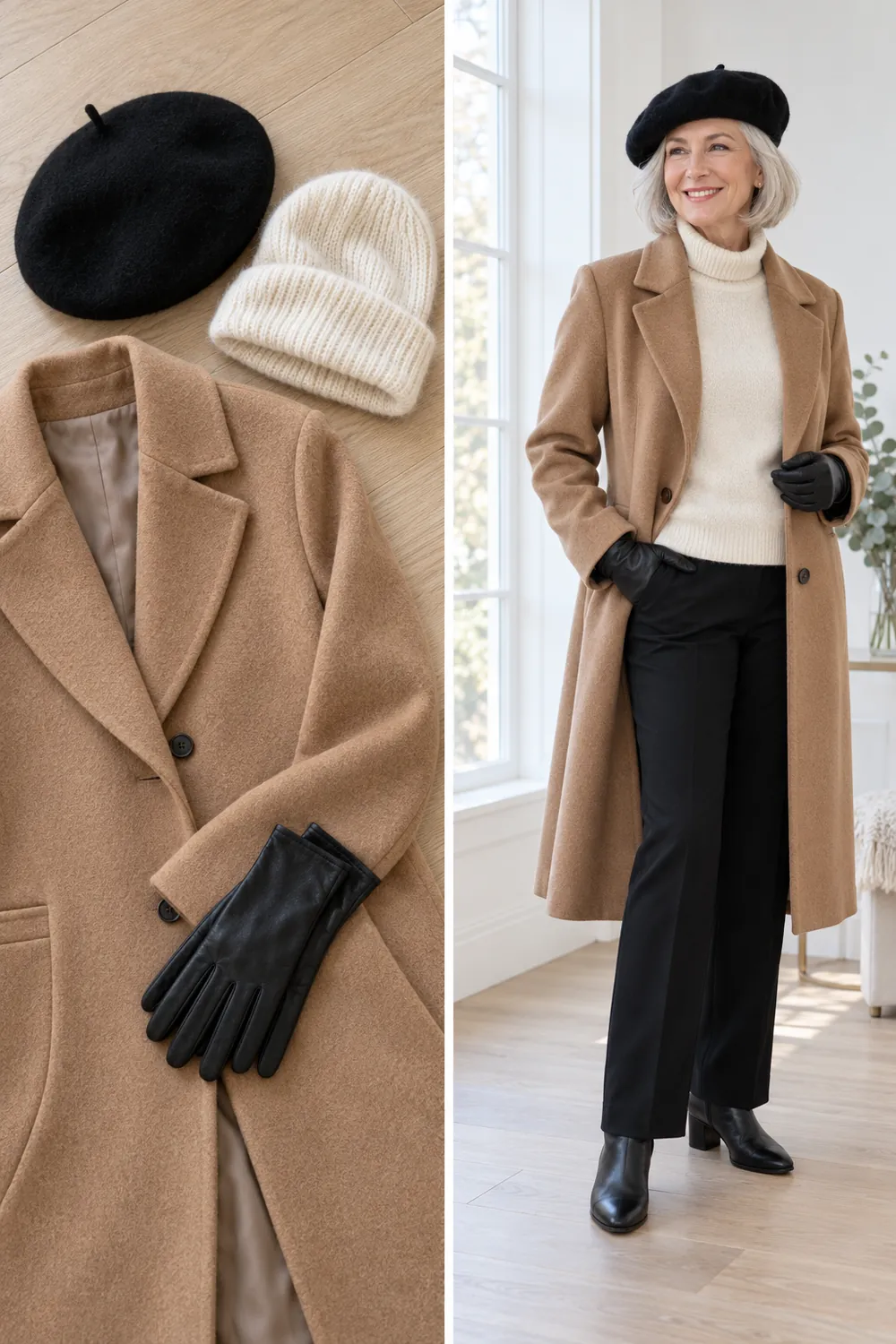 Woman wearing a black wool beret and camel coat beside winter accessories