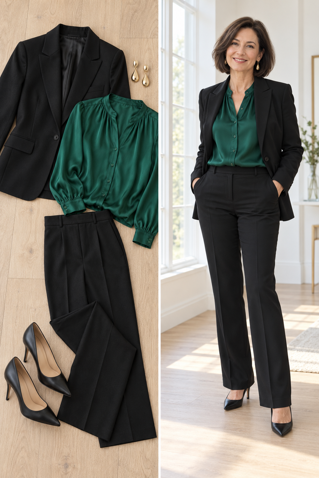 Black wool blazer with an emerald silk blouse and black trousers, a wool outfit for women over 50