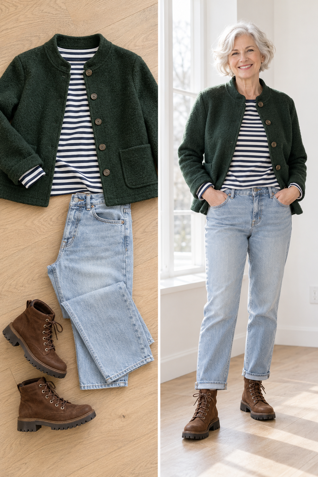 Forest green boiled wool jacket with a striped tee and jeans, a weekend wool outfit for women over 50