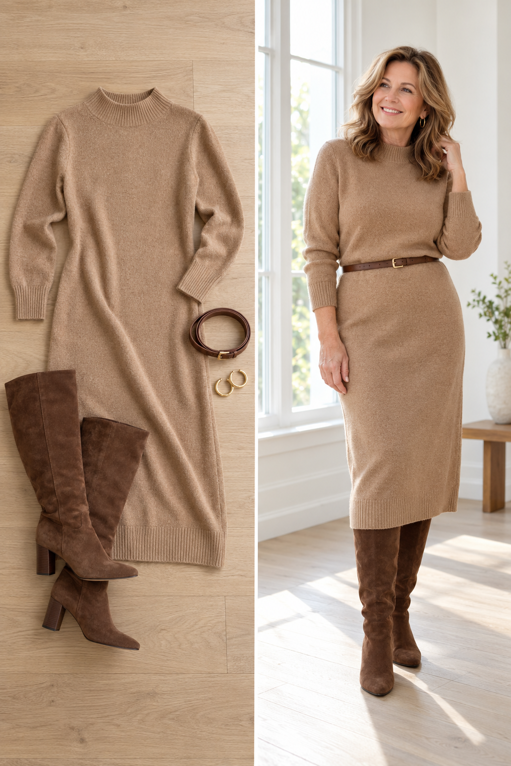 Camel merino sweater dress with brown knee boots, a wool outfit for women over 50